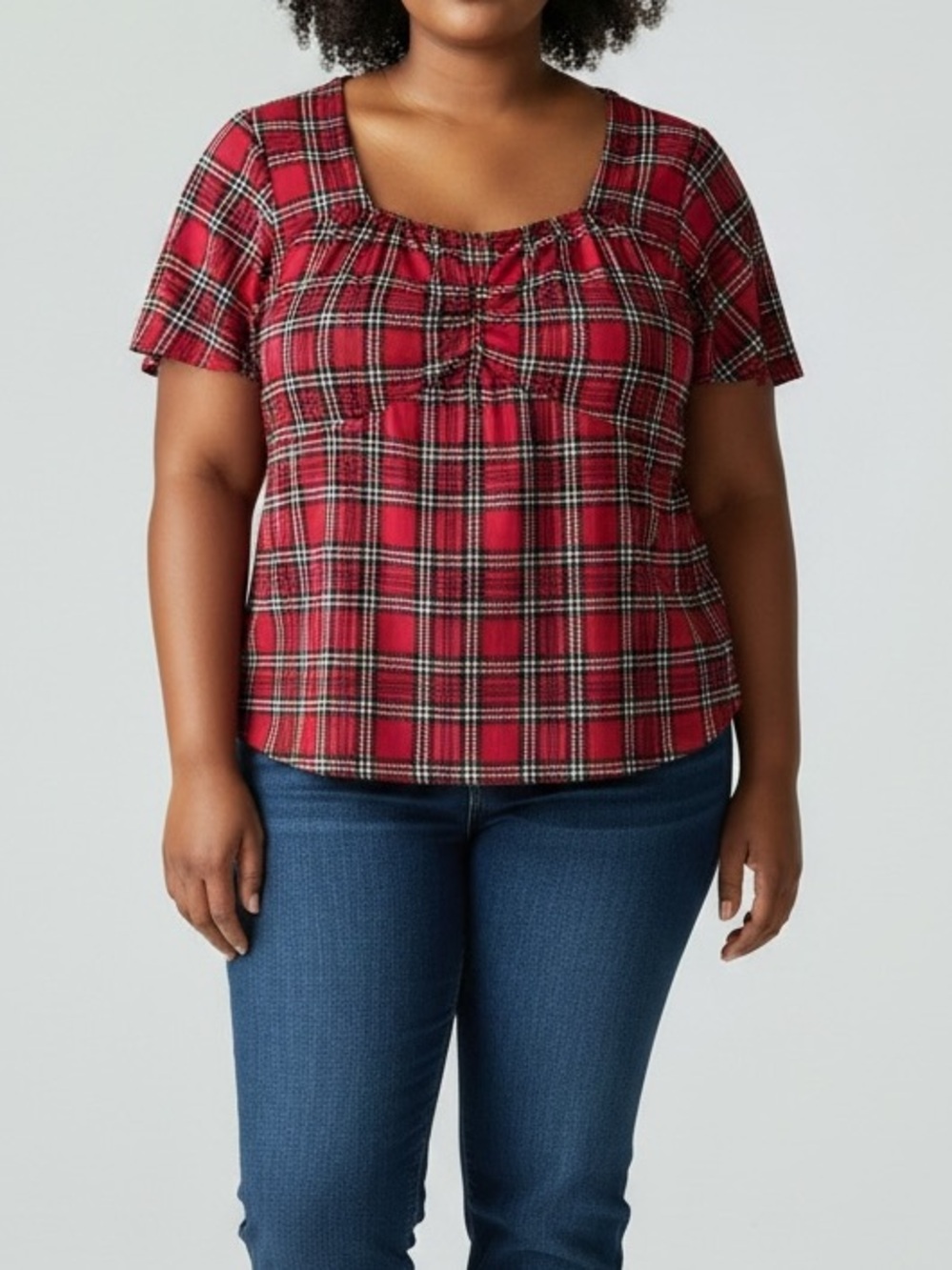 torrid Size 6 6X Red Plaid Square-Neck Short Sleeve Top